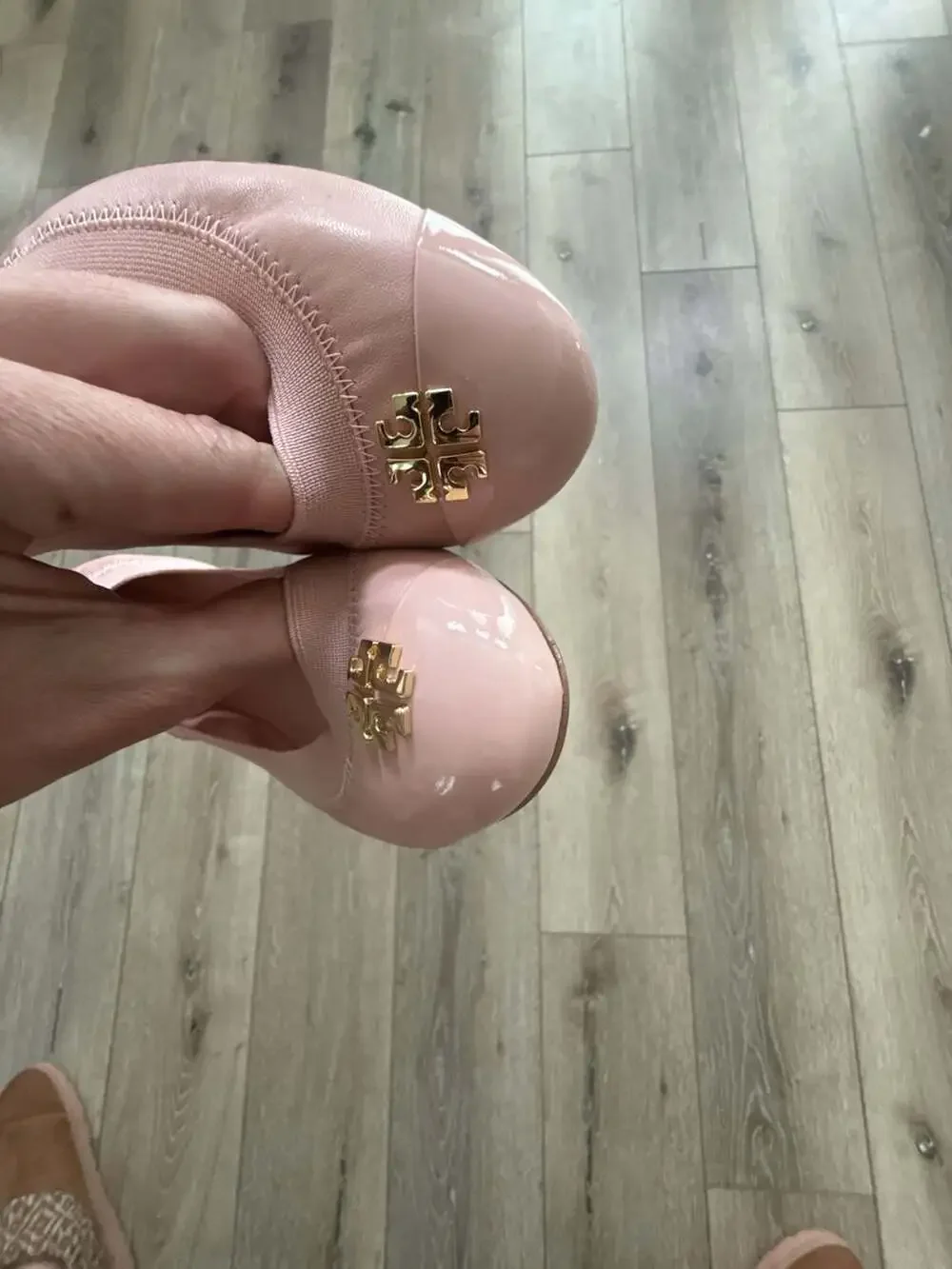 Tory Burch Pink Leather Ballet Flats with Gold Logo and Patent Cap Toe Size 9M